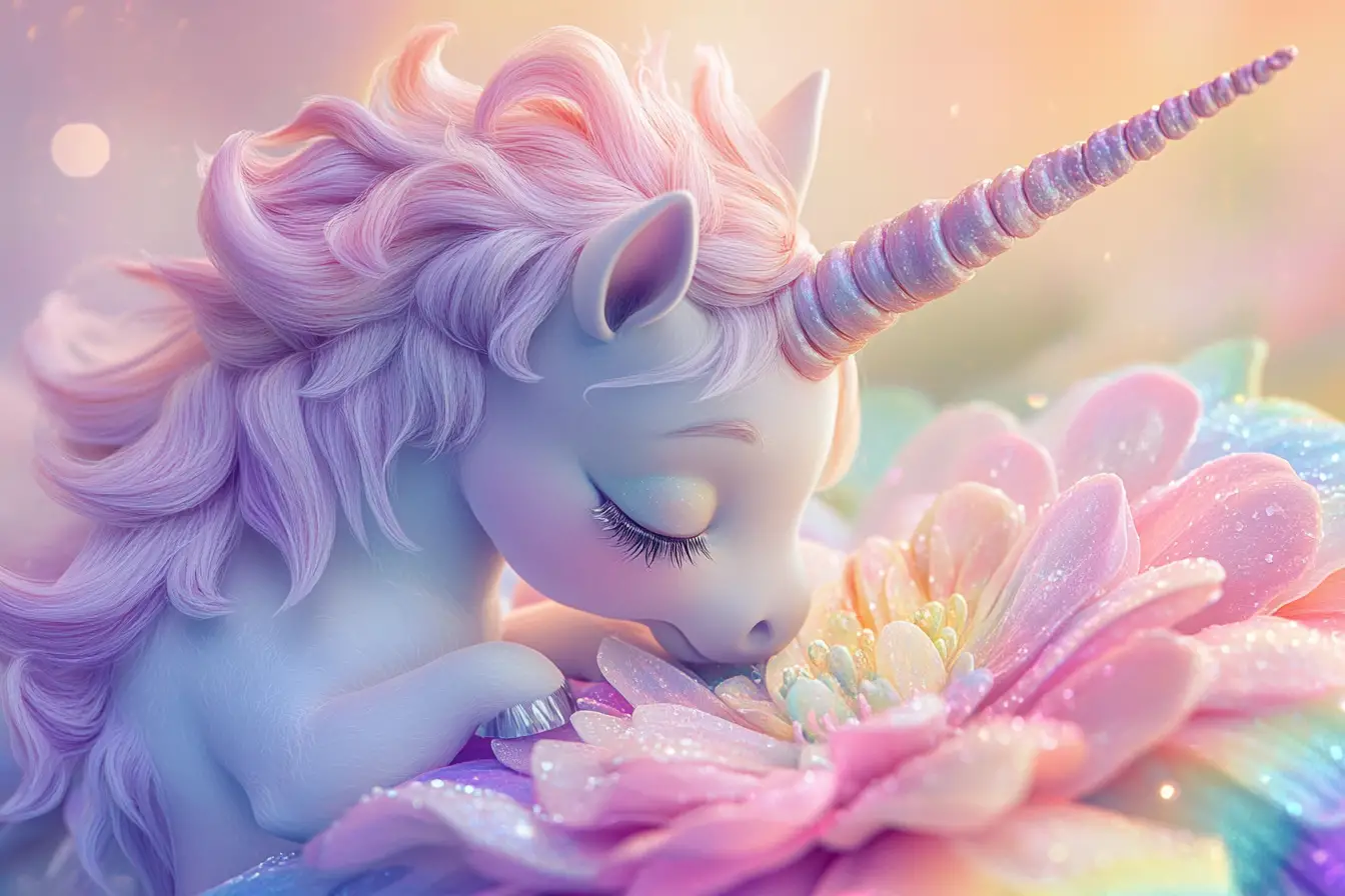 Bébé licorne blottie contre une fleur arc-en-ciel à l’aube