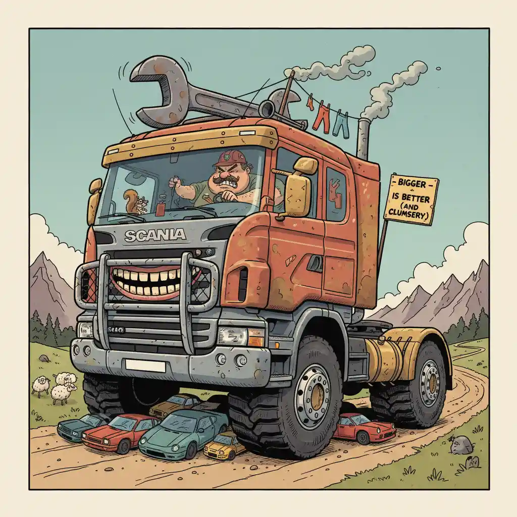 Cartoon-Scania-Lkw mit übergroßem Fahrer im verspielten Stil