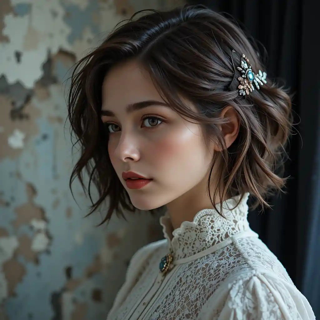 Soft profile portrait of a young woman in lace