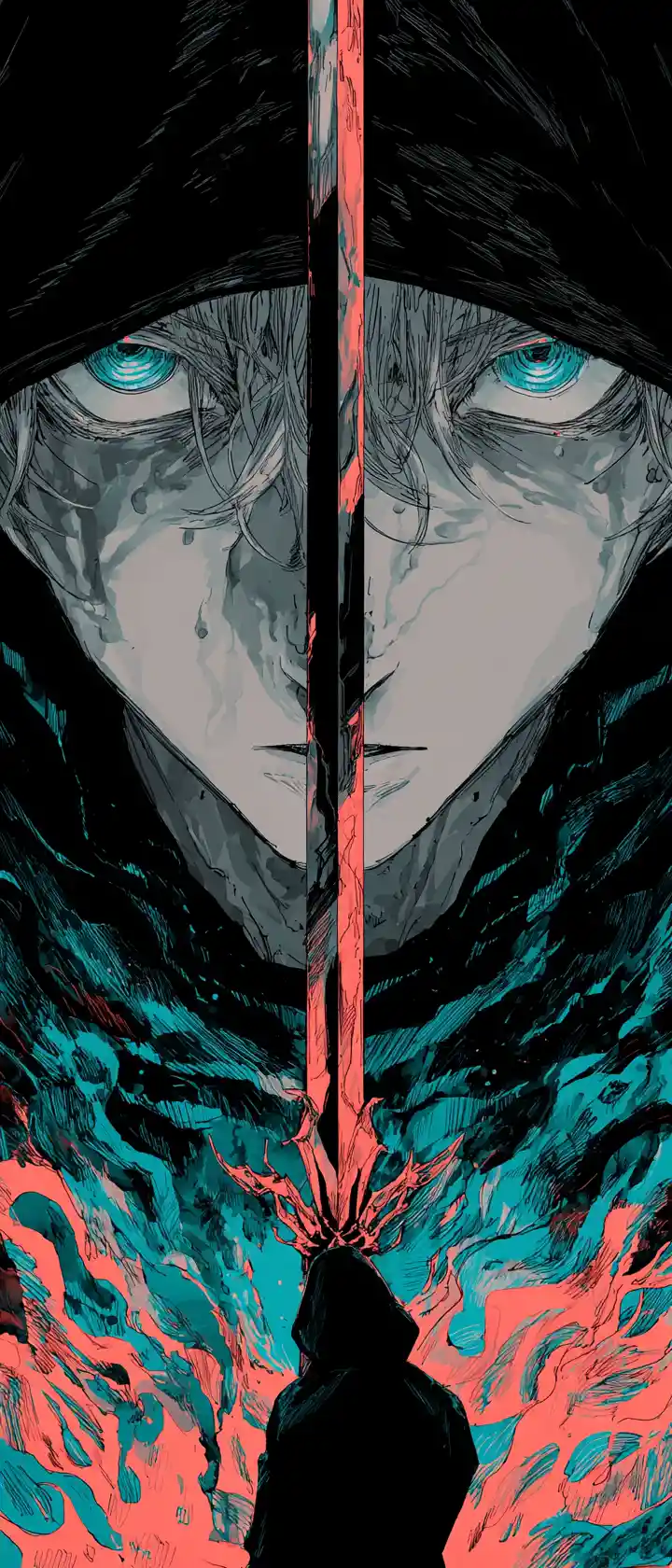 Anime executioner faces his own reflection in the blade