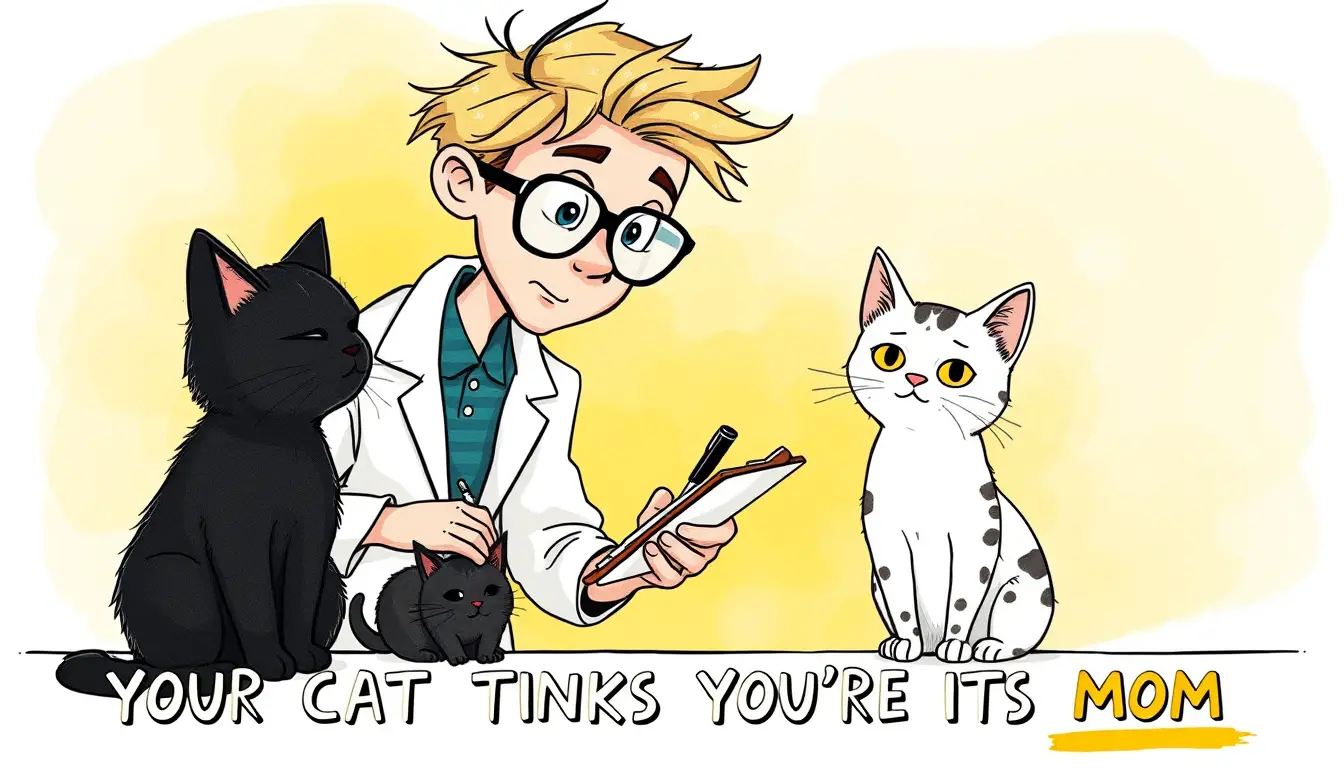 Cartoon scientist studying two expressive cats in a lab