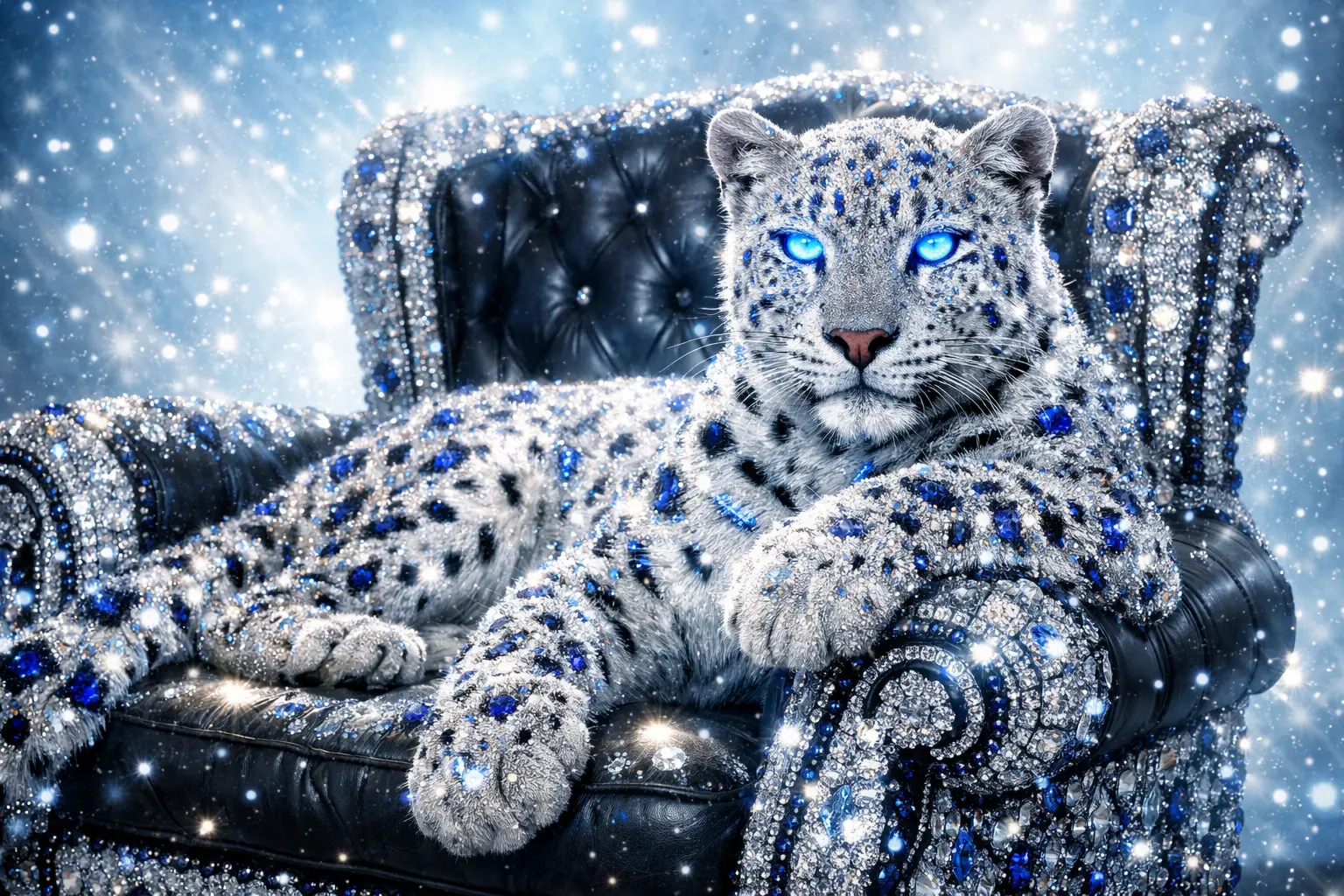 Leopardo blanco en sillón enjoyado en una escena celestial luminosa