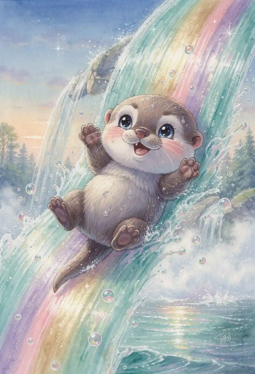 Baby otter sliding down a pastel rainbow waterfall