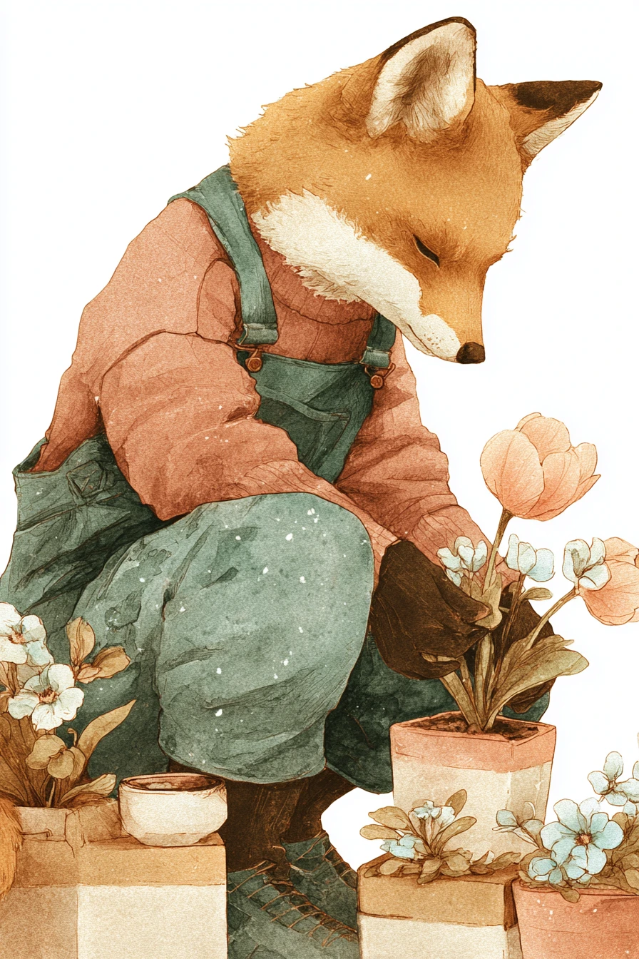 Fuchs-Gärtner pflanzt Frühlingsblumen in zarten Aquarellen
