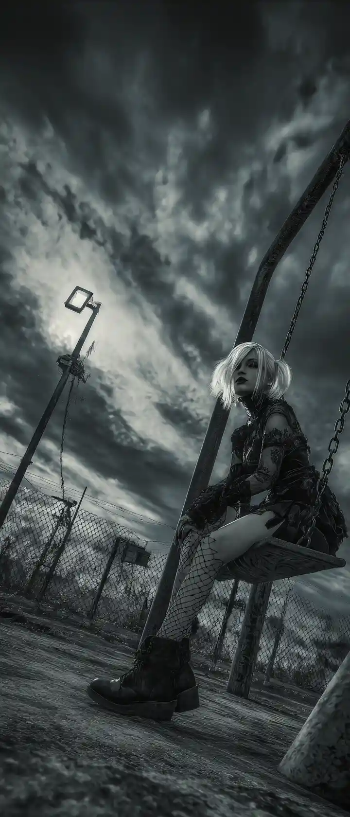 Gothic woman on an old swing in urban playground
