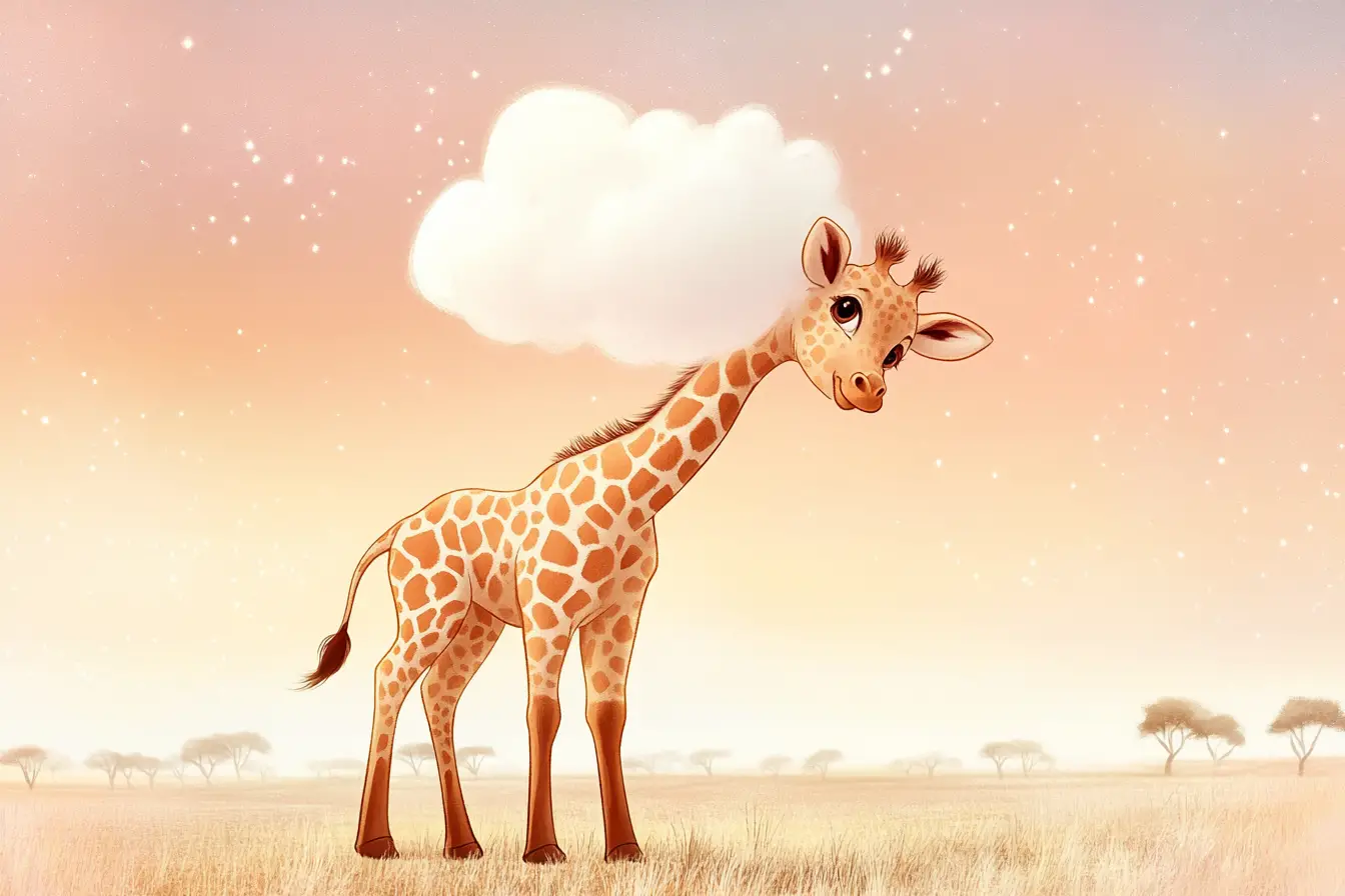 Giraffa bebé che bacia una soffice nuvola all’alba pastello