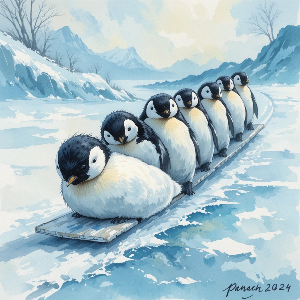 Pinguini giocherelloni che scivolano insieme su un pendio di ghiaccio innevato