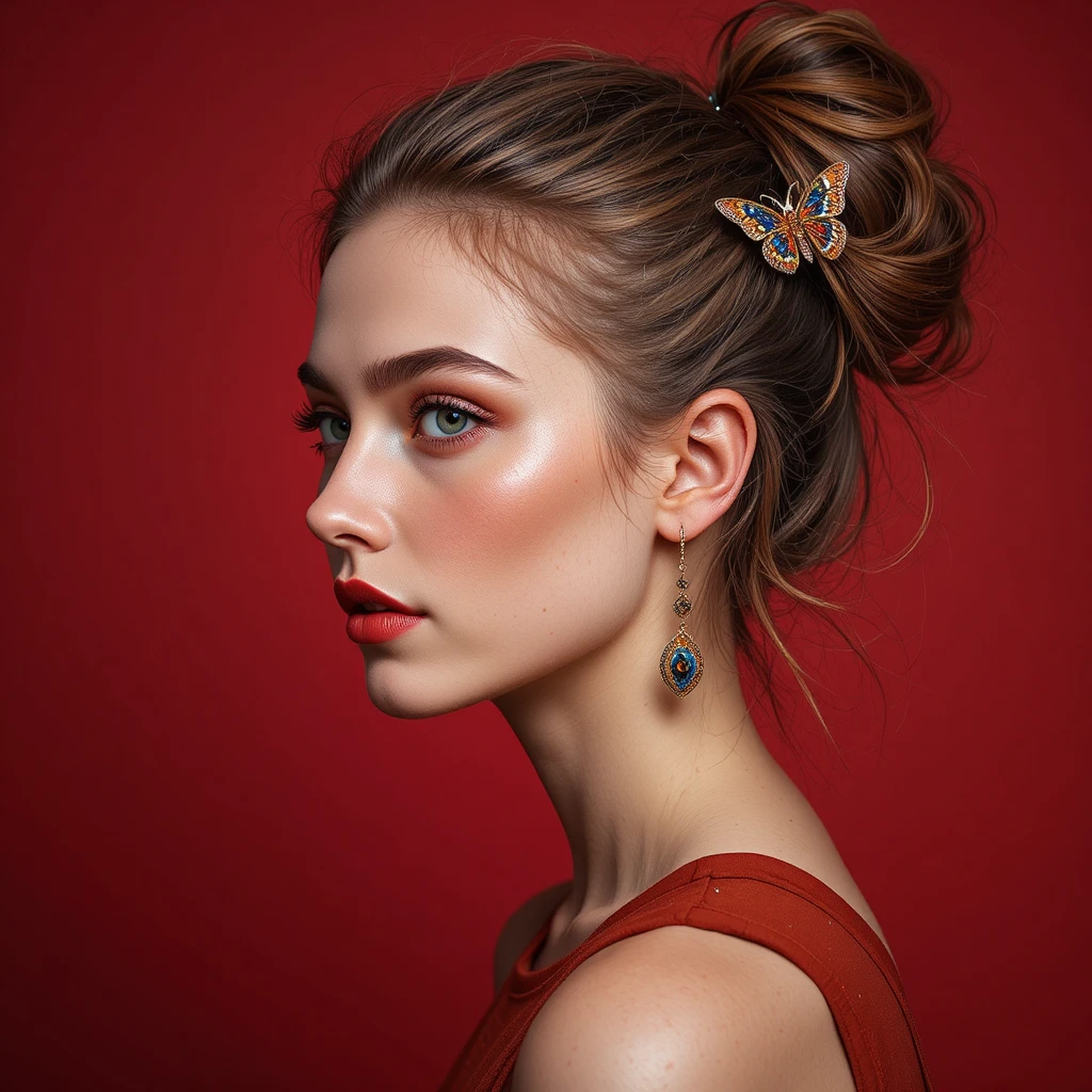 Retrato de perfil de una mujer joven sobre fondo rojo