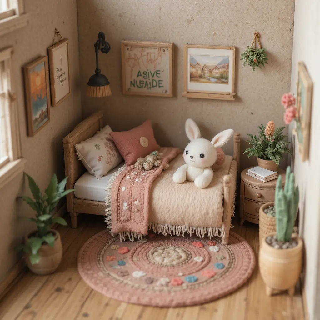 Camera da letto in feltro in miniatura con lettino e animaletto