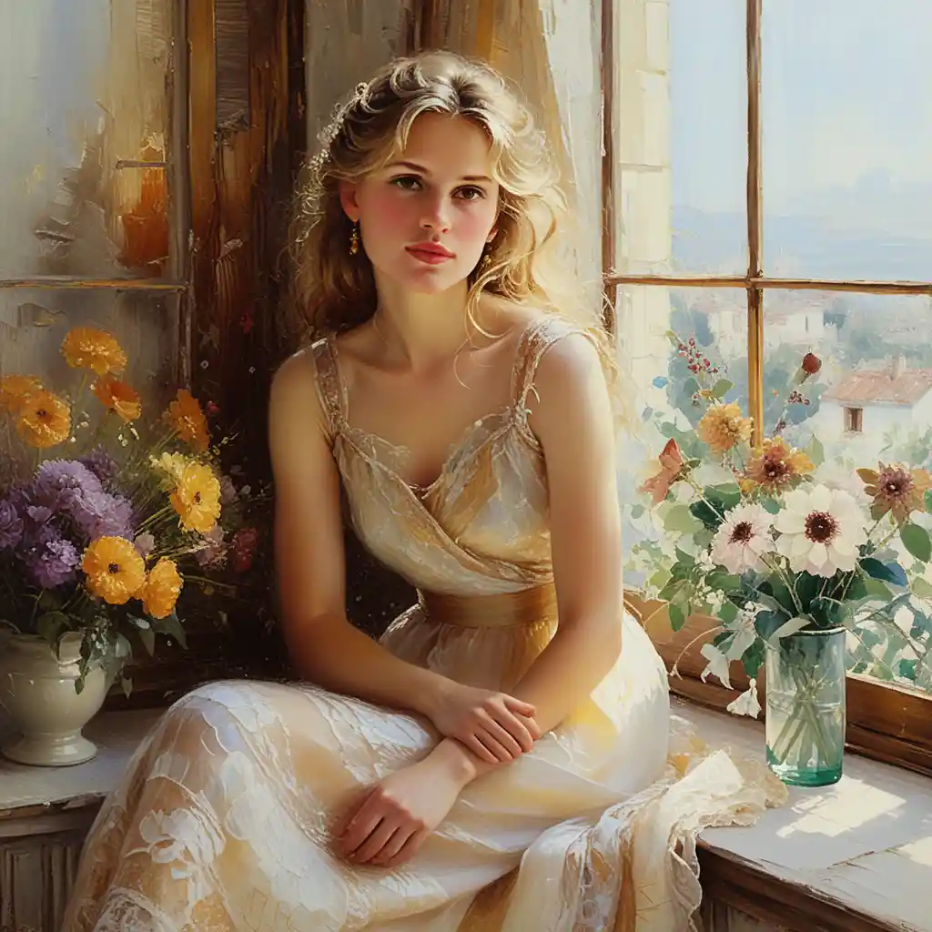 Giovane donna alla finestra con colorii fiori estivi