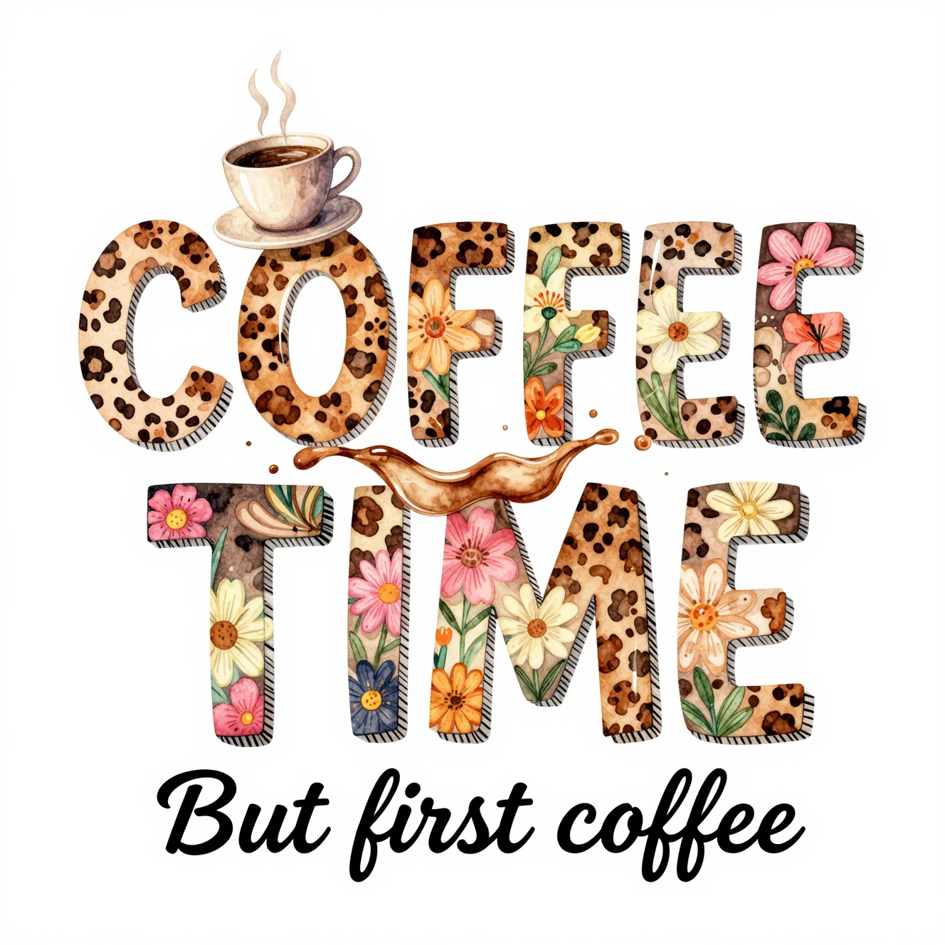 Lettrage aquarelle « Coffee Time » avec illustration de tasse fumante