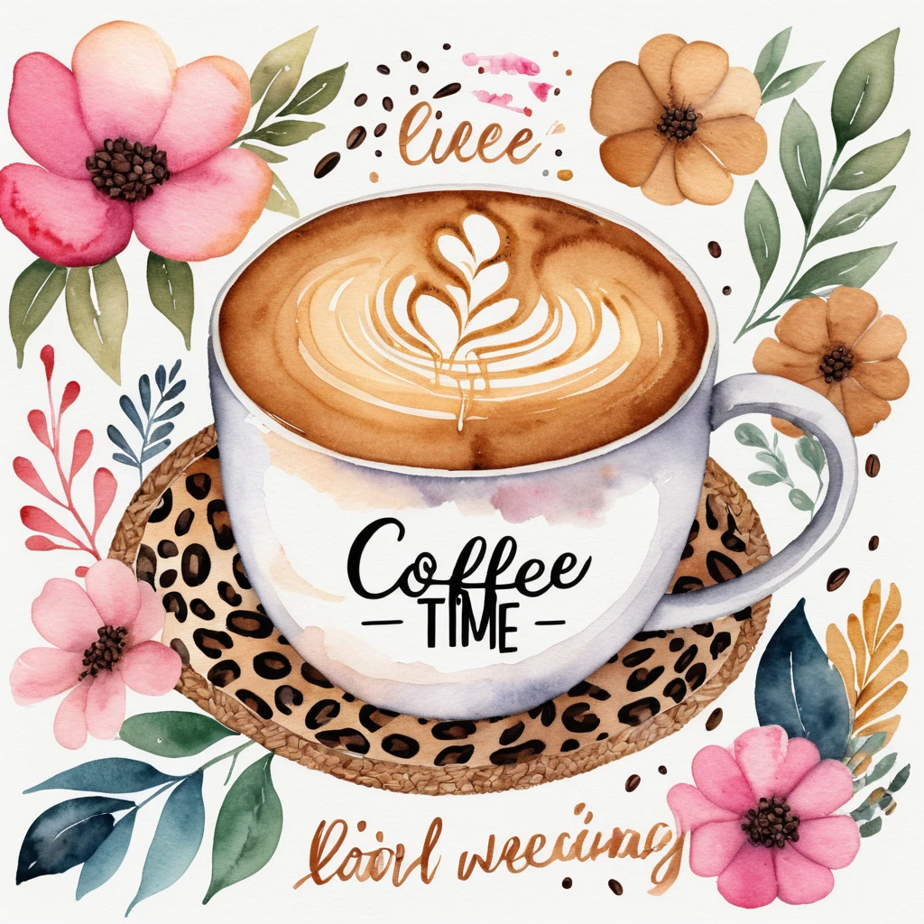 Lettrage Coffee Time en Aquarelle avec Éclaboussures et Tasse