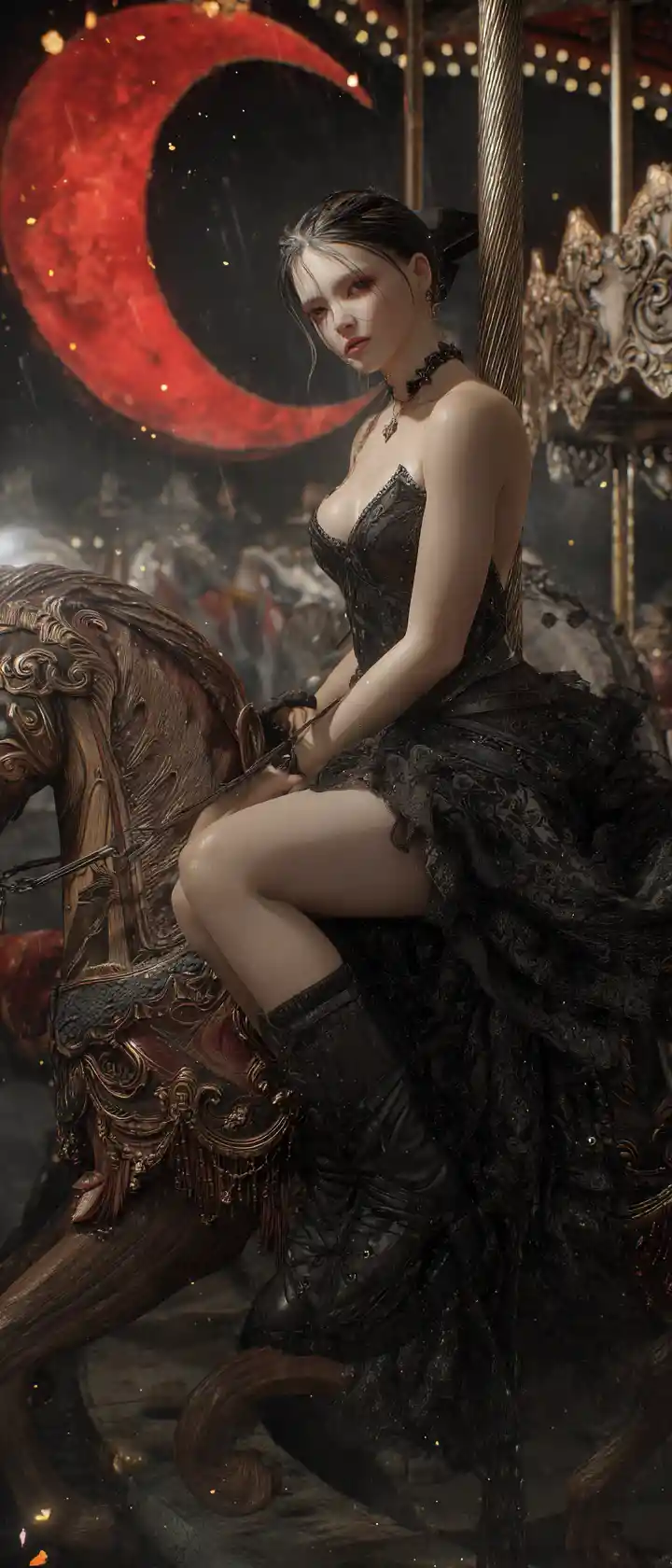 Gothic anime woman on a decaying carousel horse