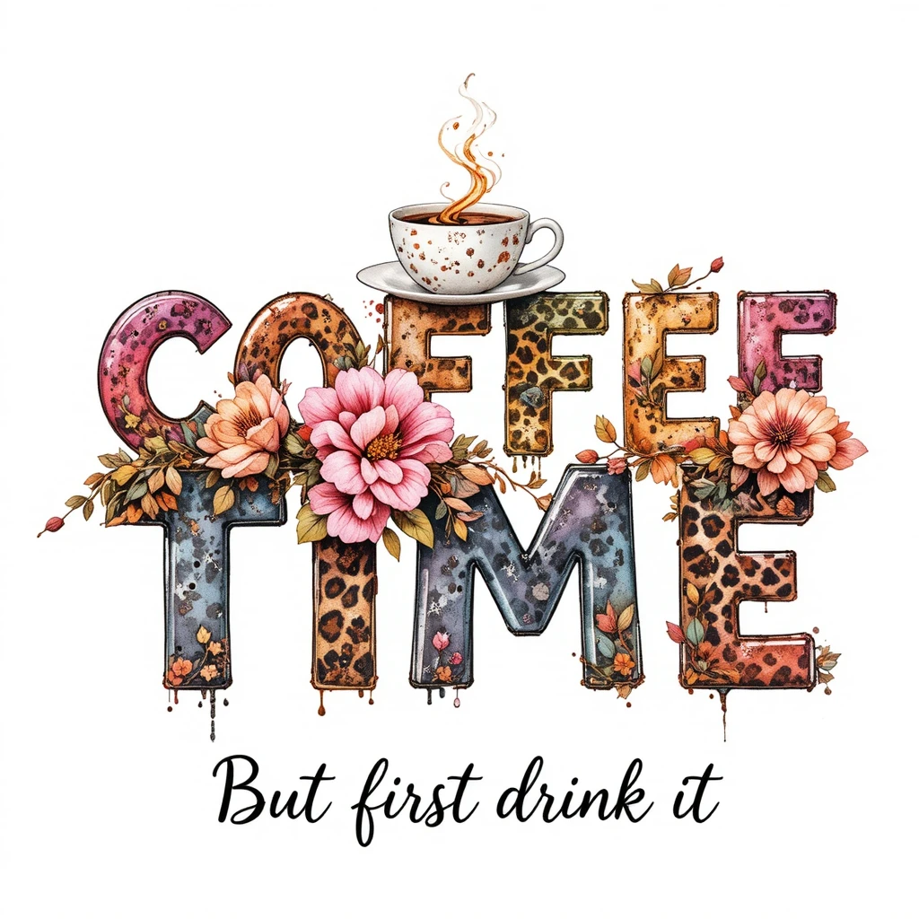 Lettrage aquarelle Coffee Time avec motif léopard et éclaboussures