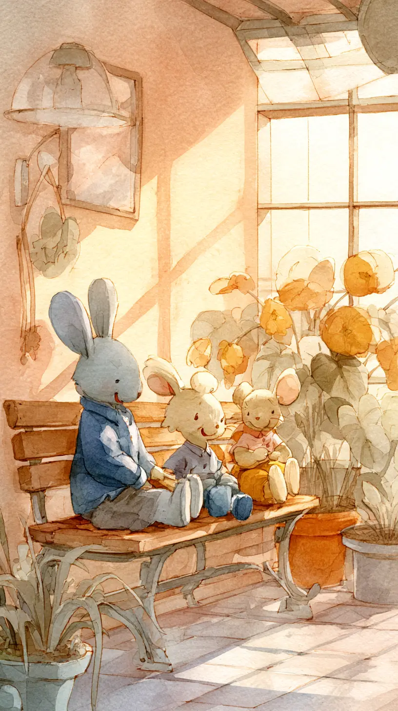 Famille de lapins de Pâques sur un banc au coucher du soleil en intérieur