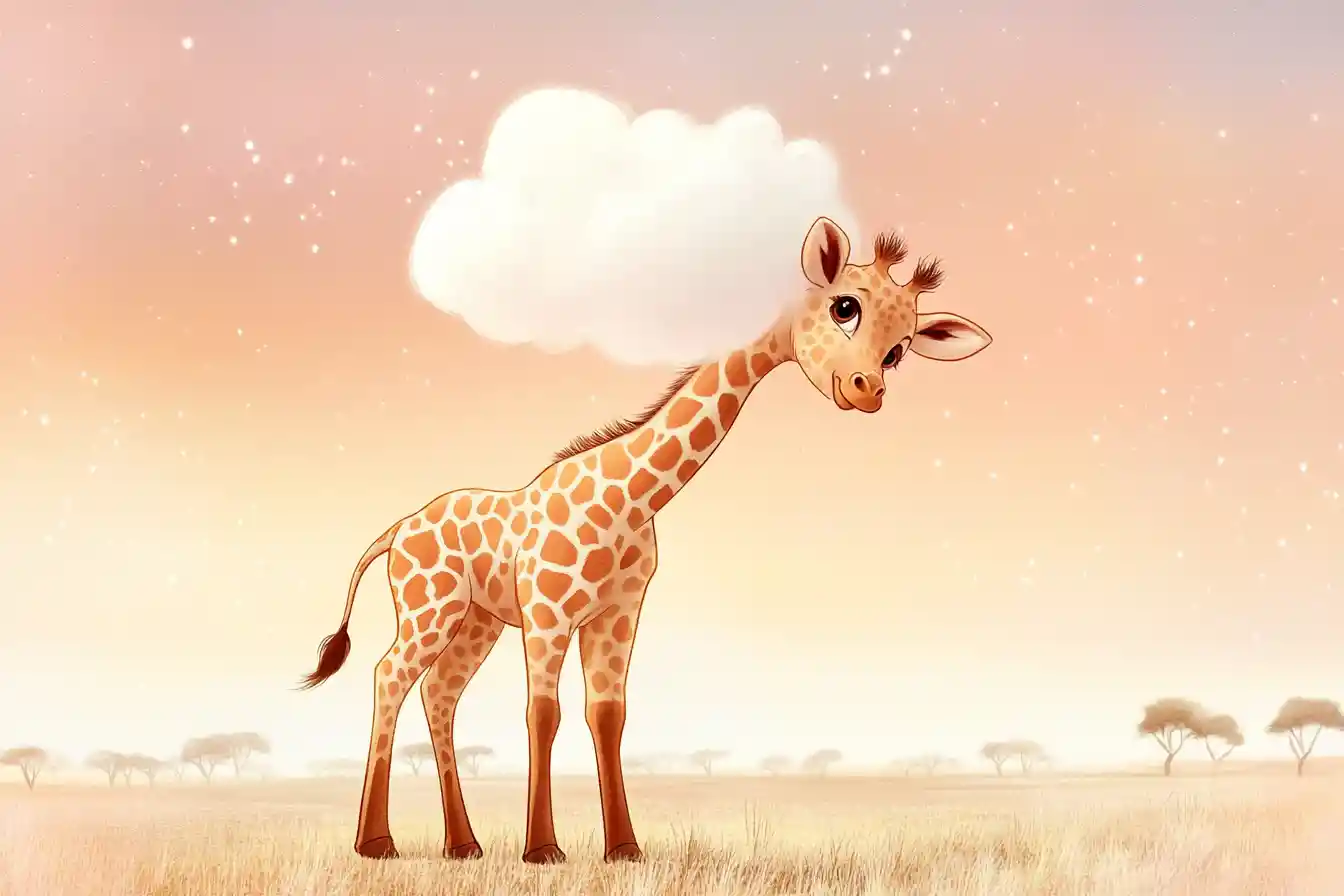 Giraffa bebé che bacia una soffice nuvola all’alba pastello