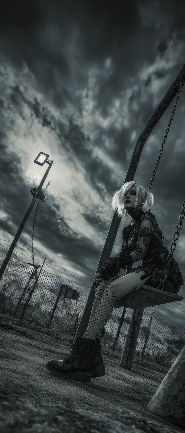Gothic woman on an old swing in urban playground