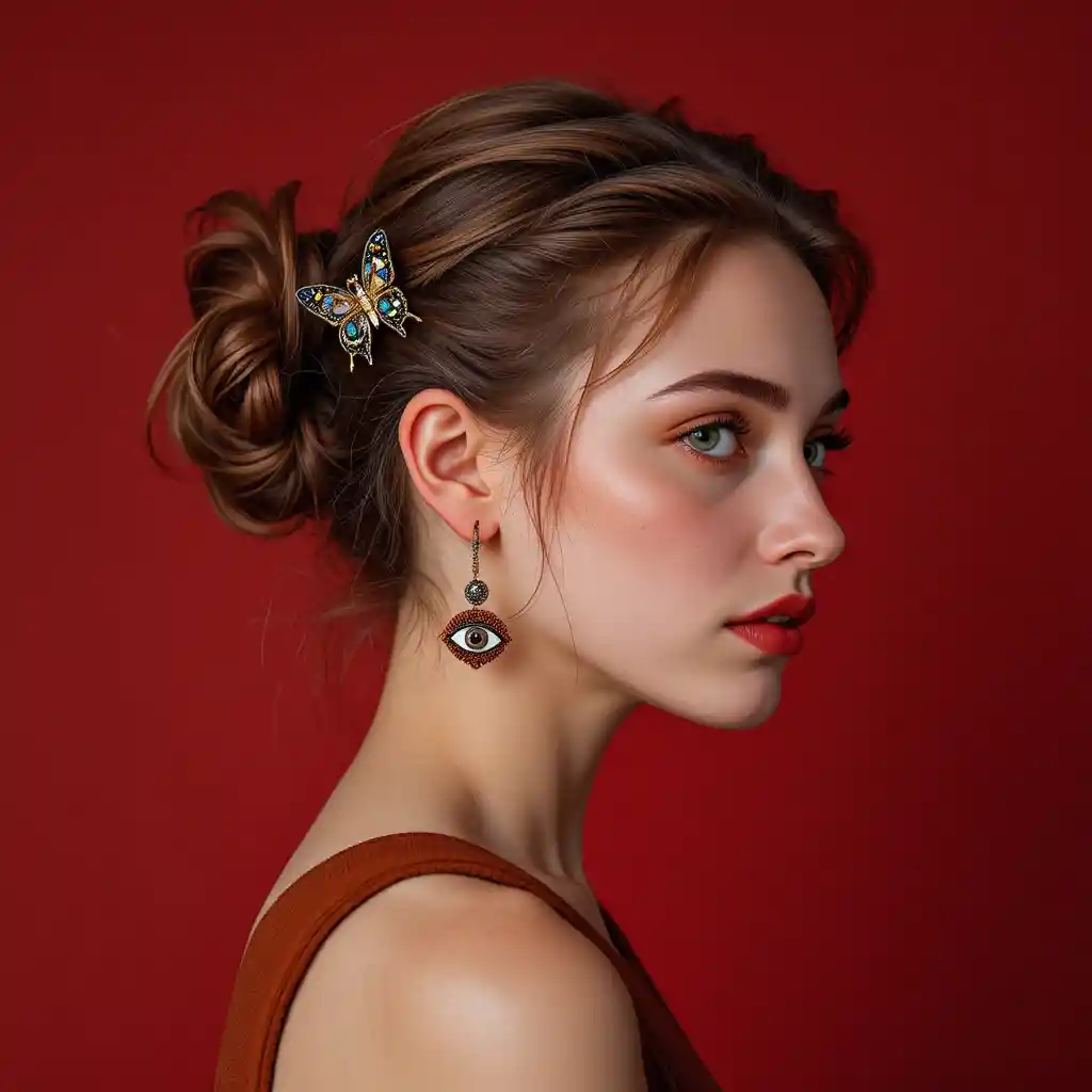 Profile portrait of a young woman against red background