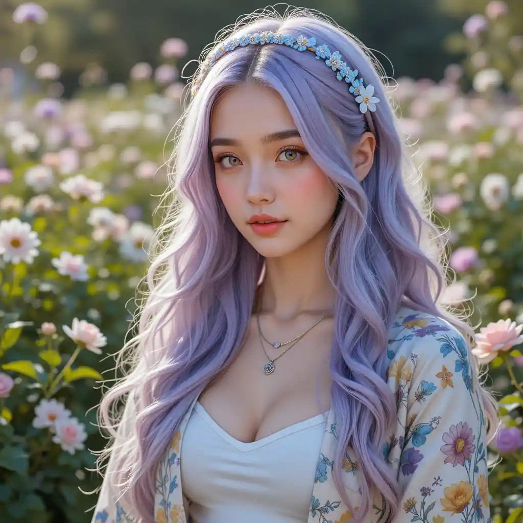 Ragazza dai capelli color lavanda in un giardino fiorito al sole