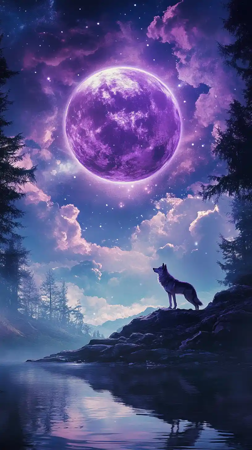 璀璨紫色月夜天空下的孤狼