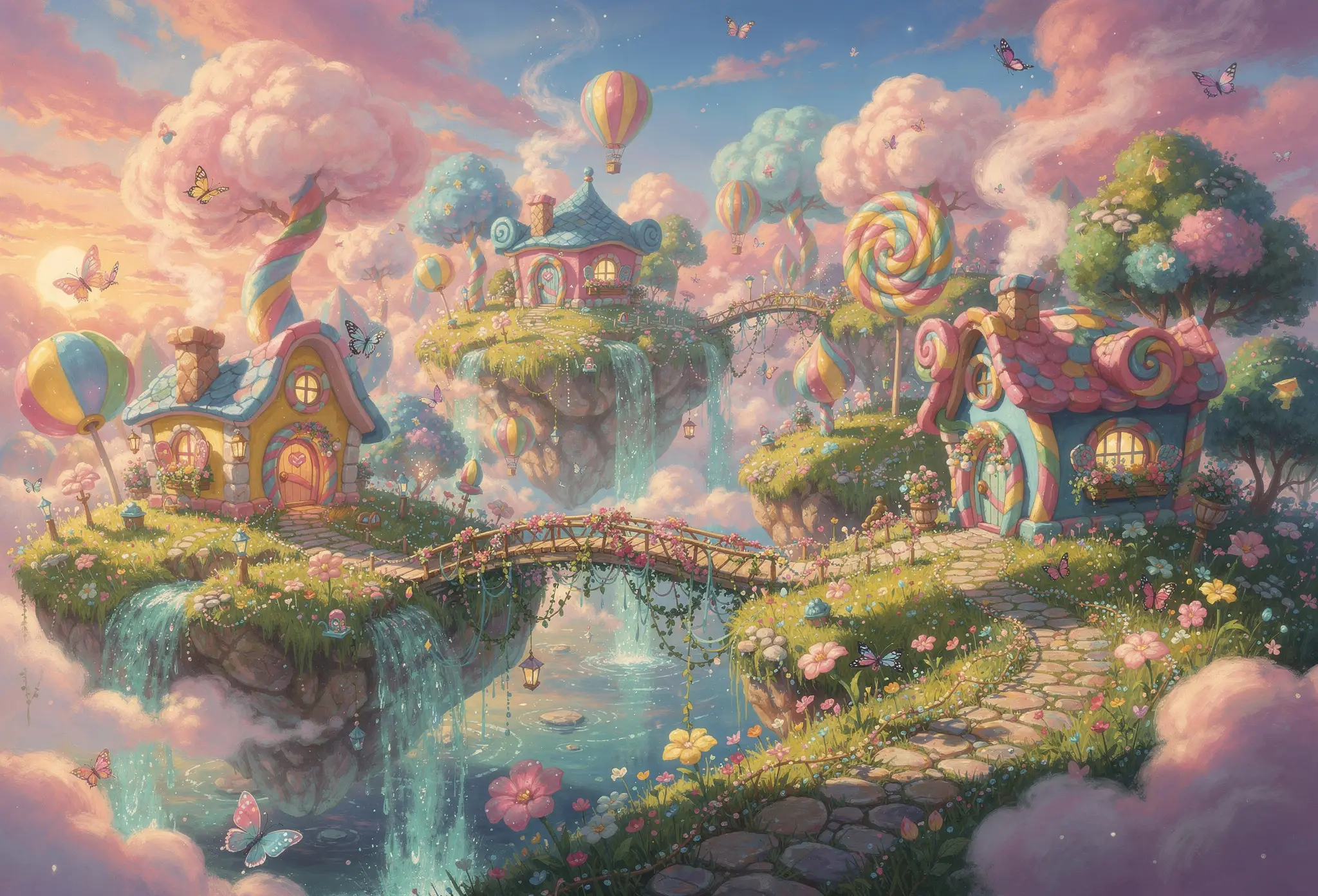 五彩夢幻天空中的奇幻漂浮草原