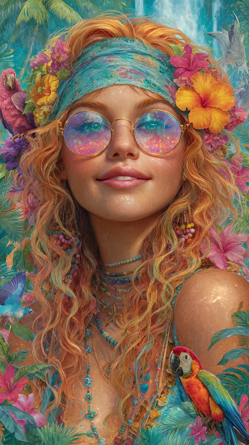 Allegra sirena hippie con fiori tra i capelli nella giungla tropicale