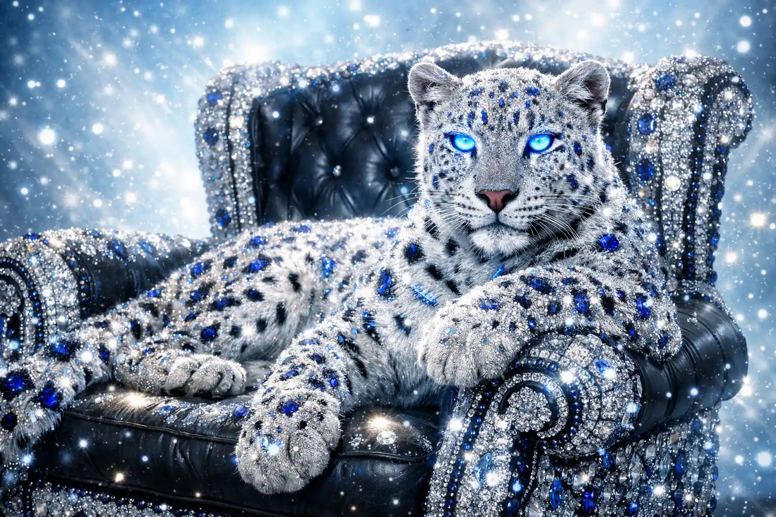 Leopardo blanco en sillón enjoyado en una escena celestial luminosa