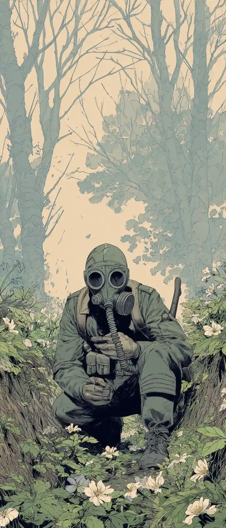 Anime soldier kneeling in a shattered war trench