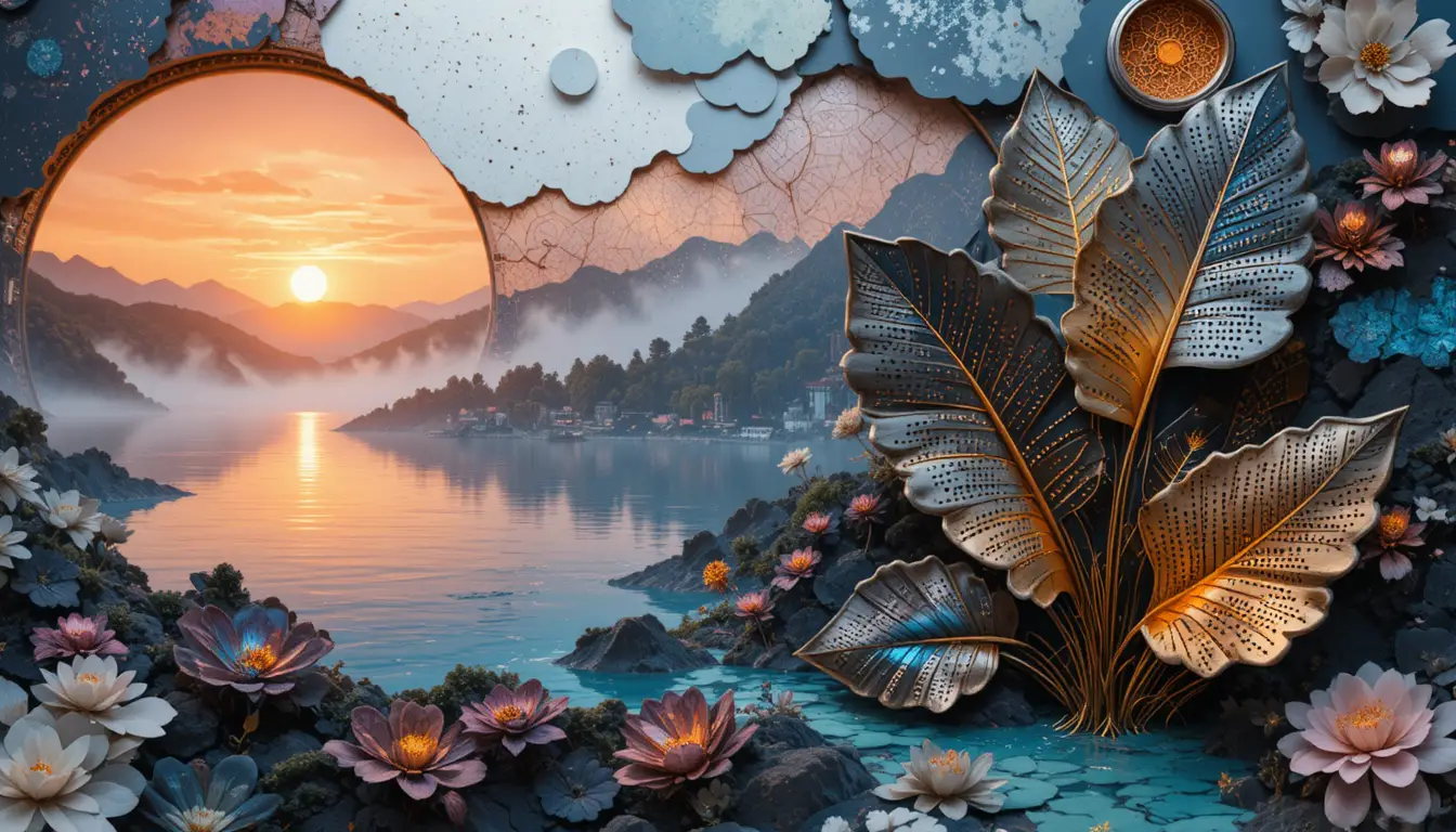 Vista aérea de um lago tropical brilhante ao pôr do sol