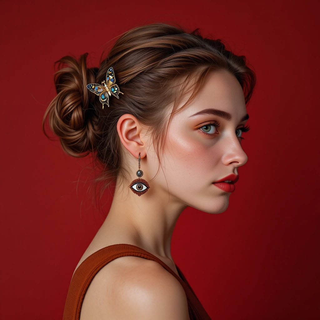 Profile portrait of a young woman against red background