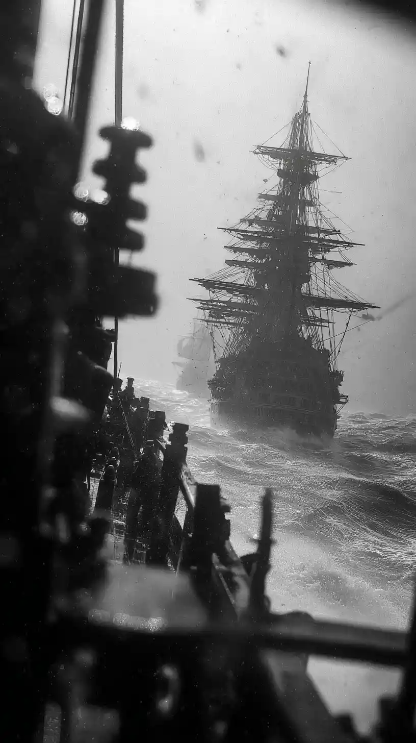 Warship Battles Through Stormy Sea Under Heavy Cannon Fire