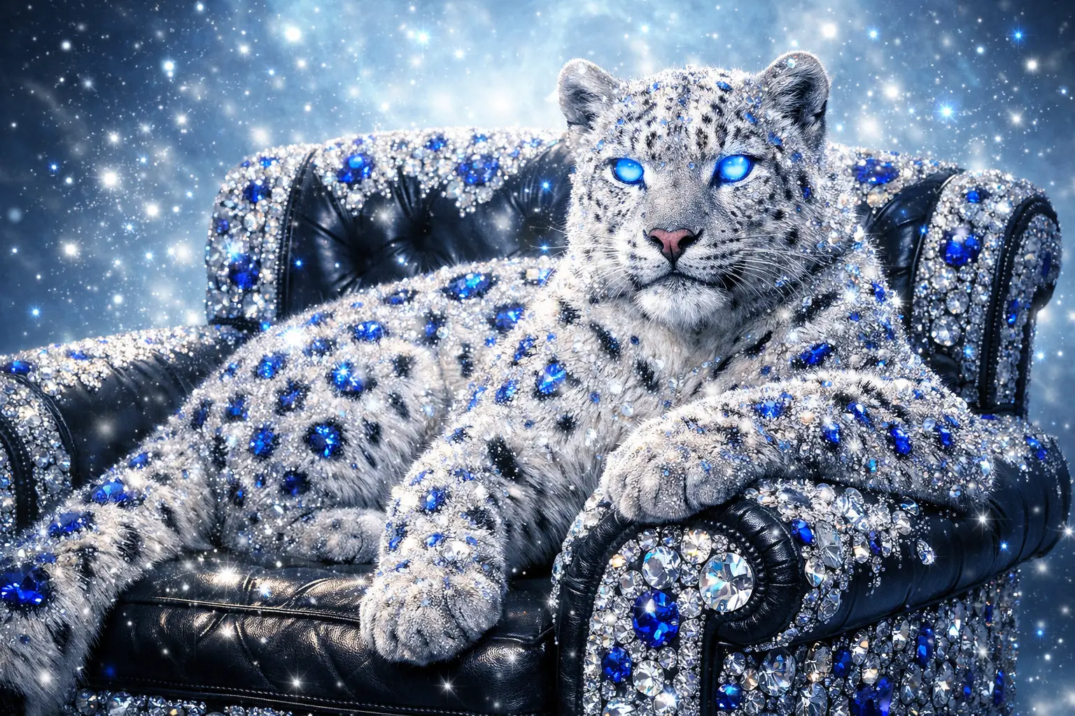Leopardo bianco su poltrona tempestata di gioielli in una fantasia luminosa