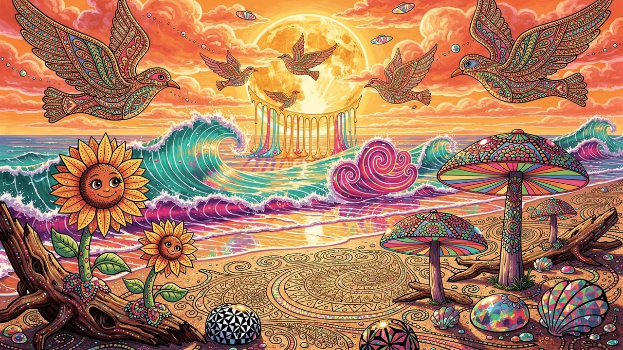 迷幻民俗藝術風格的海灘與微笑向日葵
