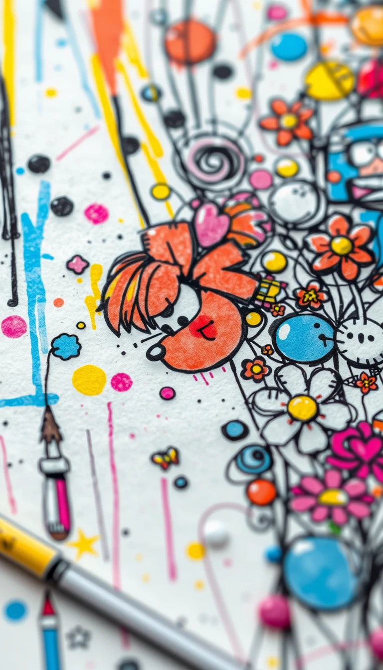 Close up sketchy digital drawing of neon fantasy flowers