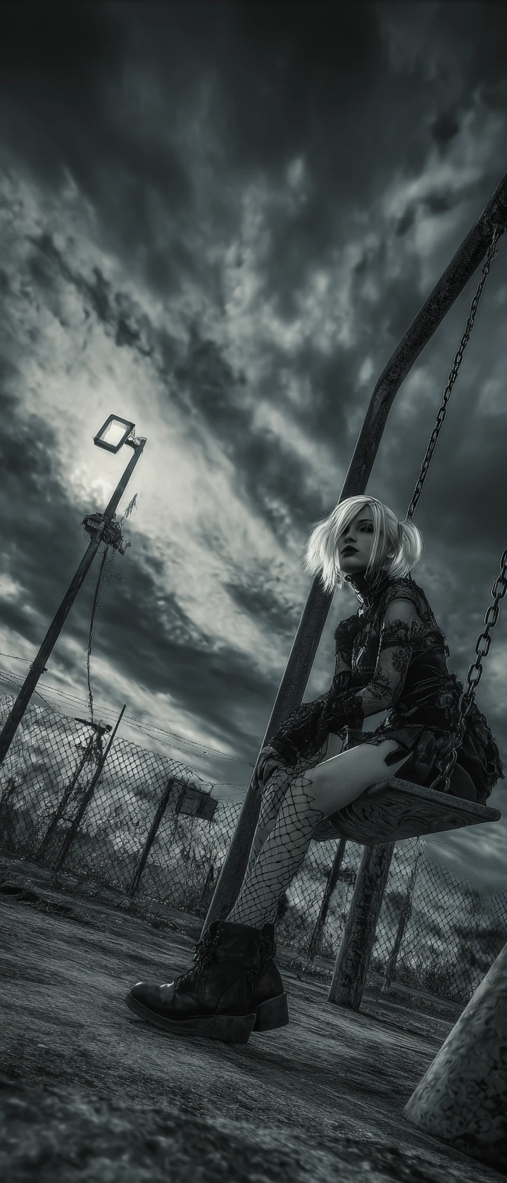 Gothic woman on an old swing in urban playground