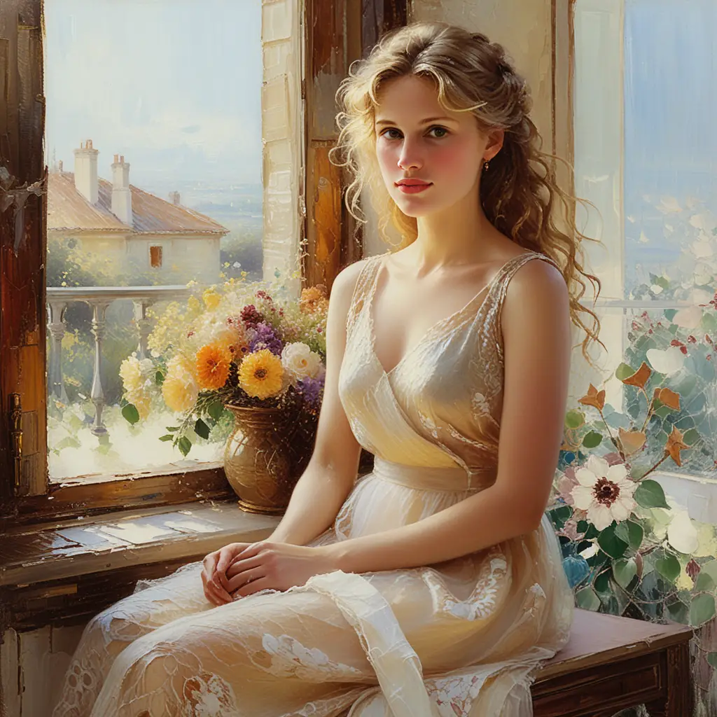 Dipinto impressionista di una giovane donna accanto a una finestra aperta