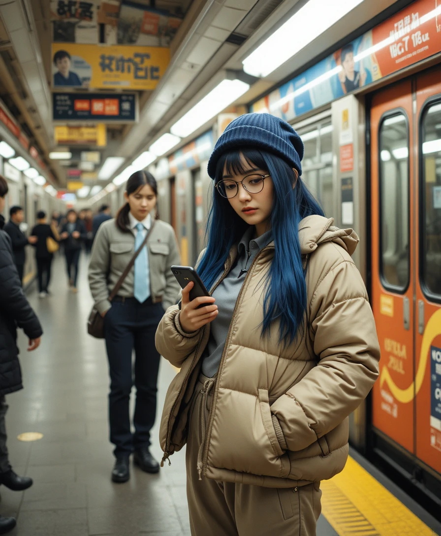 Young woman on a busy subway platform using smartphone