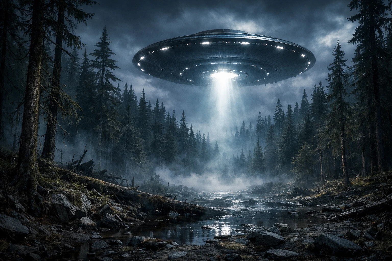 Ufo Flying Over A Remote Forest In Dark Horror Style
