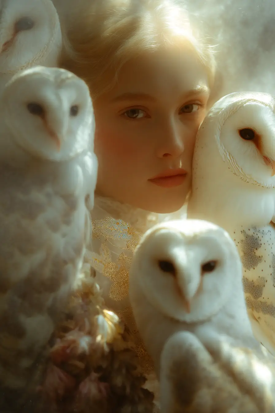 Mystical woman with owls in golden ethereal glow