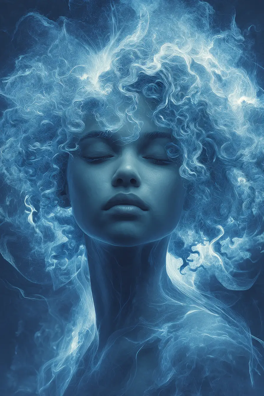 Portrait d’aura d’une fille aux cheveux bouclés dans un champ d’énergie lumineux