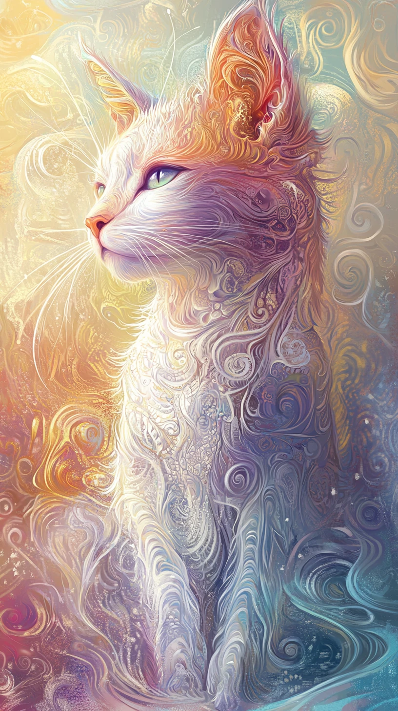 Gato de desenho animado em close-up em fundo abstrato de arco-íris