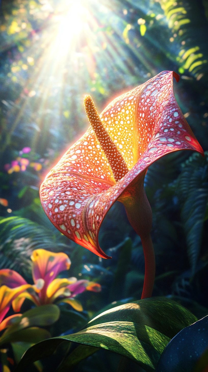 Fleur extraterrestre brillant au soleil dans une jungle vibrante