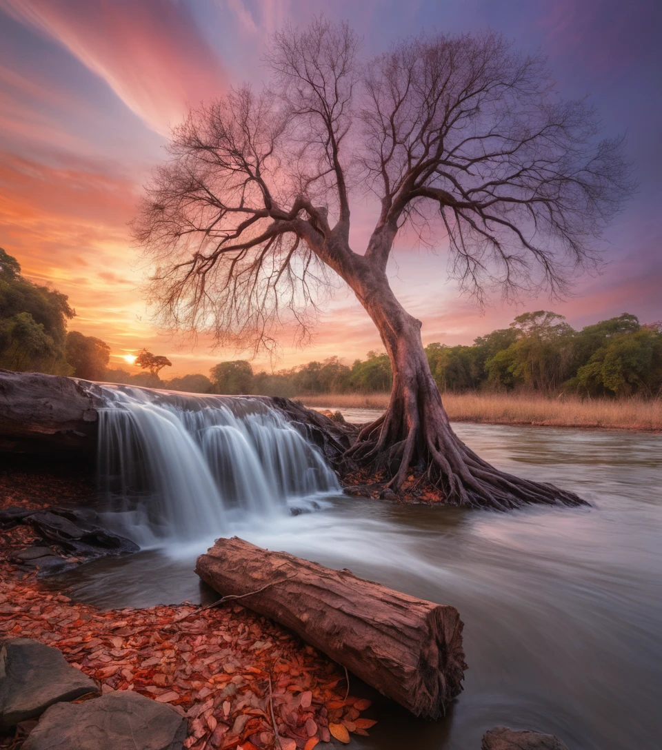 Piccola cascata sul fiume Orinoco al tramonto