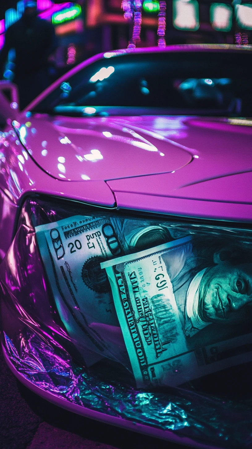 Carro de luxo estacionado enquanto um homem questiona o verdadeiro custo do dinheiro