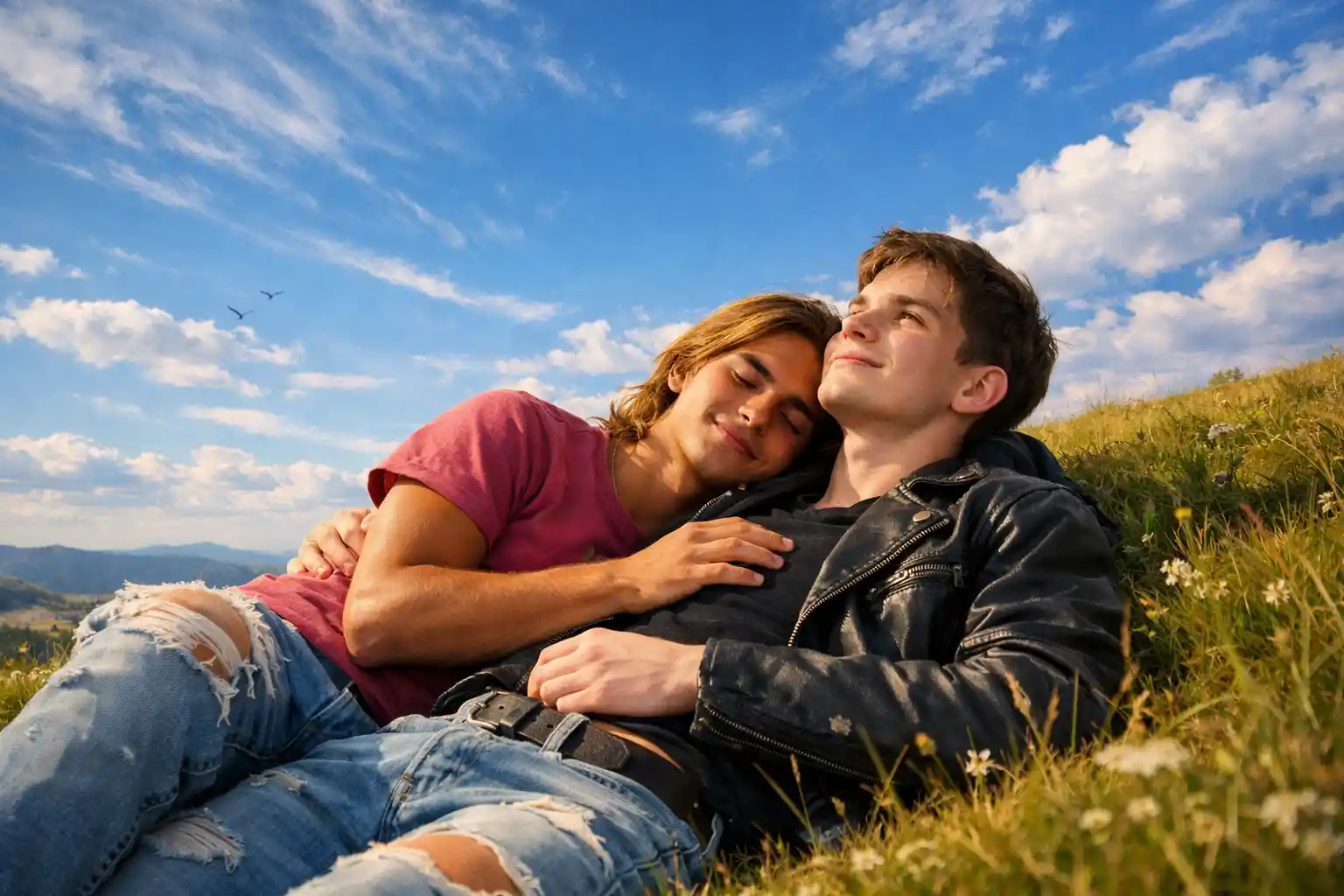 Teenage boys cuddling on a hill under clear blue sky
