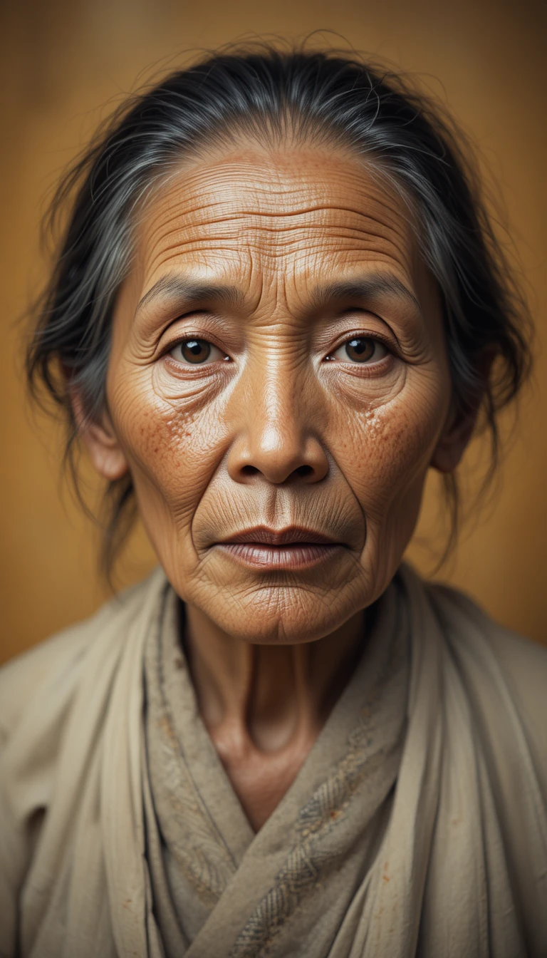 Portrait of an ancient asian woman with deeply lined face