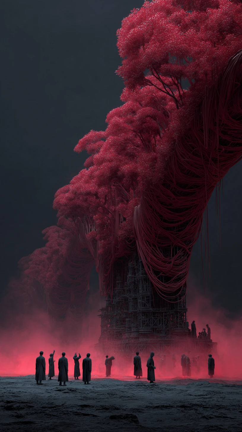Group of enslaved figures in a futuristic steel city
