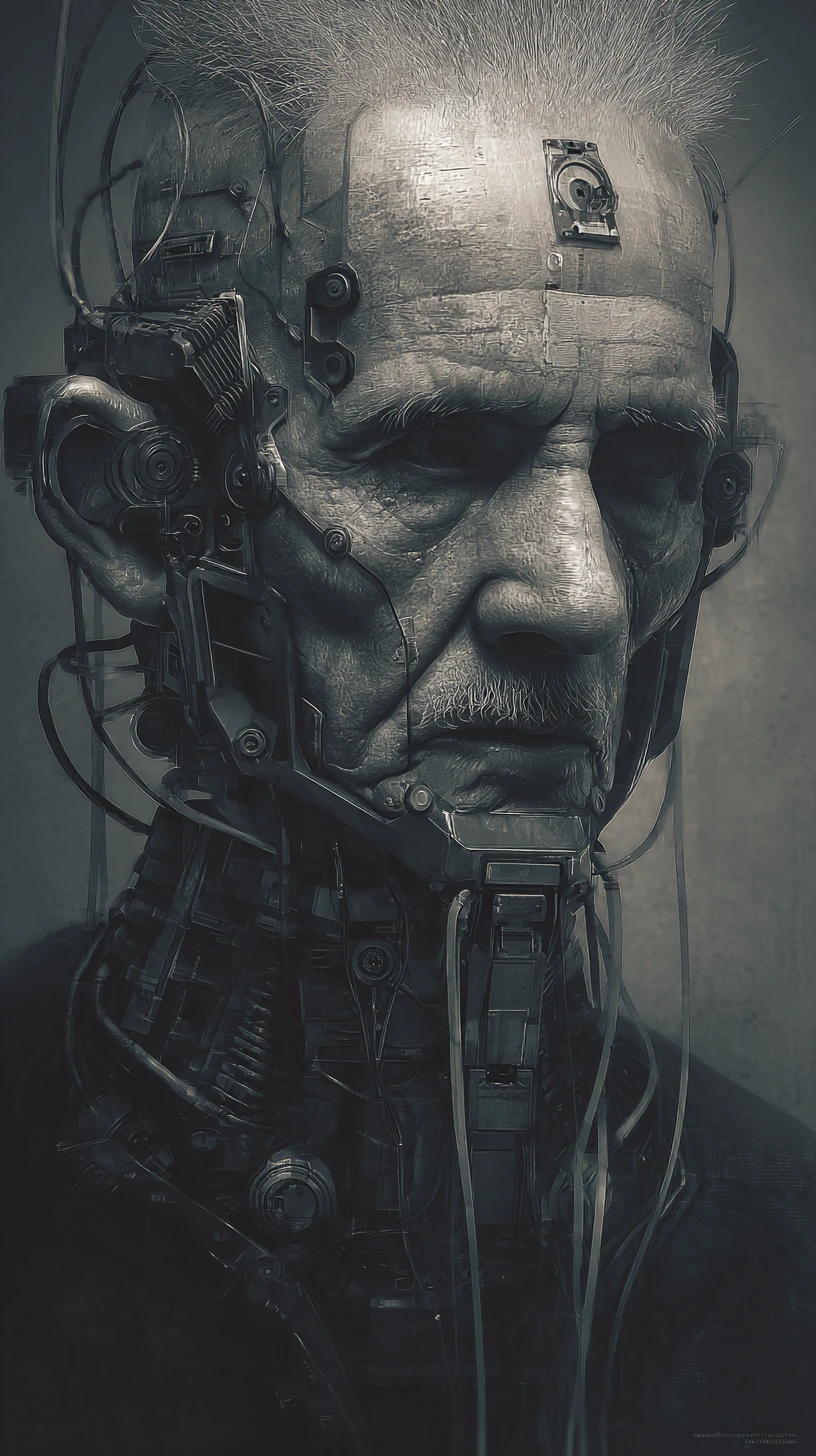 Retrato cyberpunk de um homem asiático idoso com máscara mecânica
