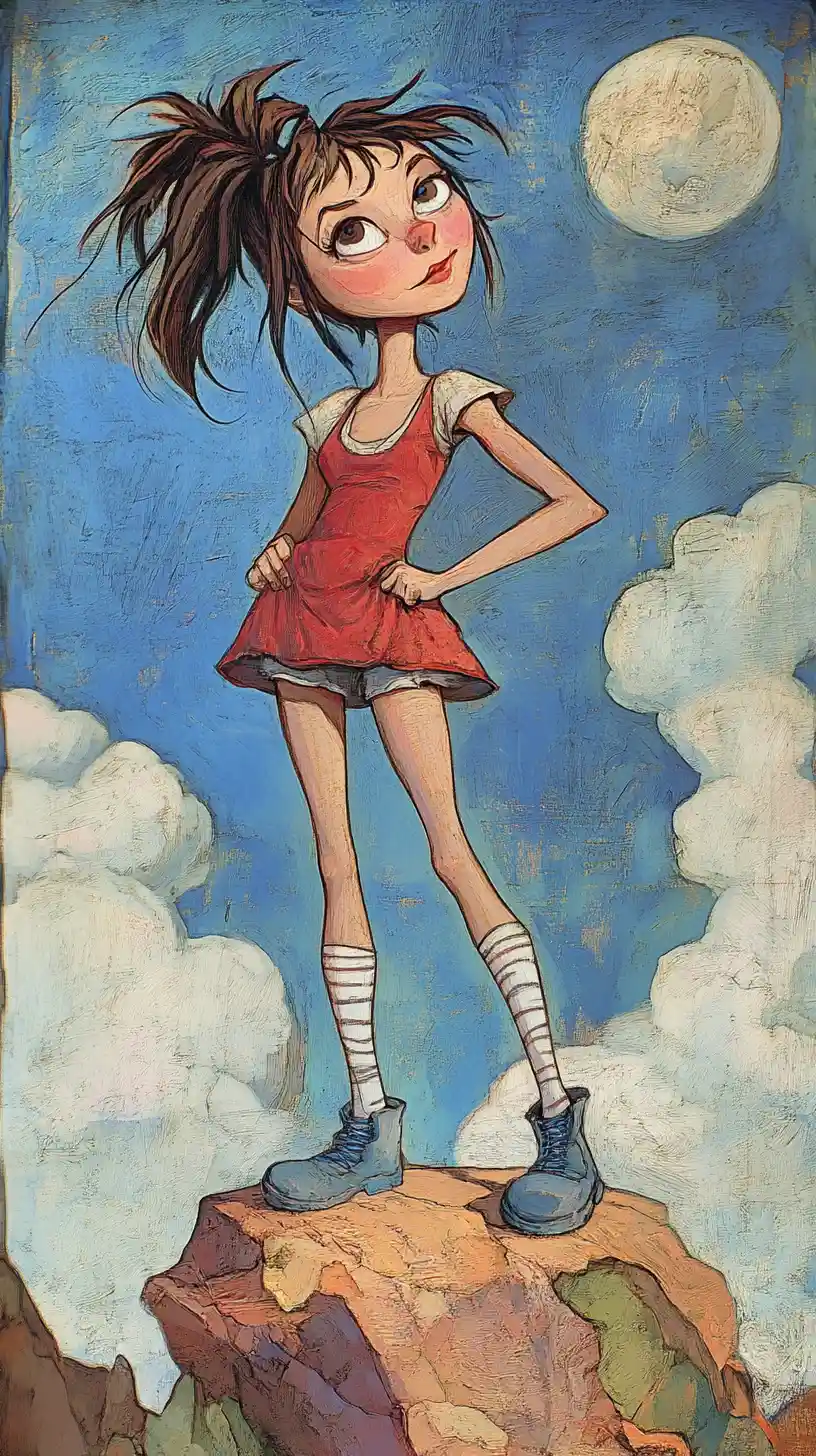 Fille en robe rouge sur une falaise rocheuse sous un ciel bleu nuageux