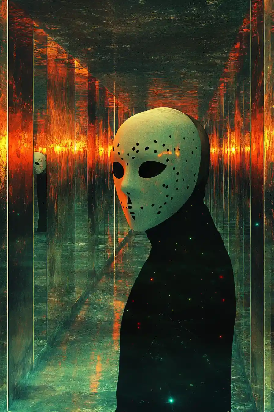 Spiegelkorridor mit Masken und labyrinthartiger Atmosphäre
